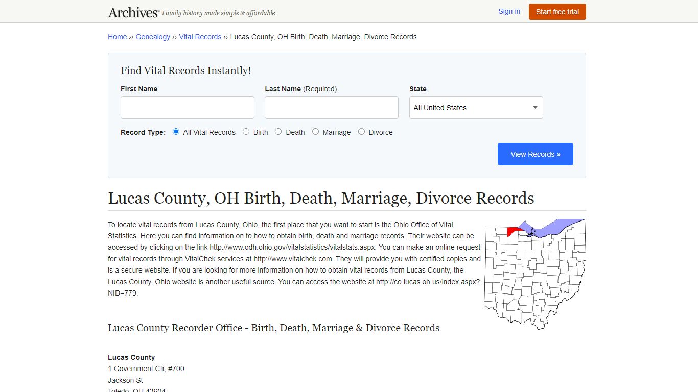Lucas County, OH Birth, Death, Marriage, Divorce Records